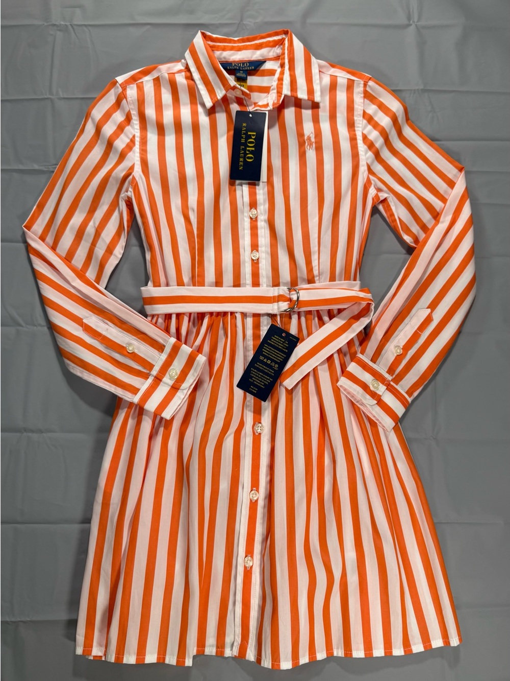 Polo Ralph Lauren Orange & White Striped Cotton Poplin Shirt Dress Size 10 NEW